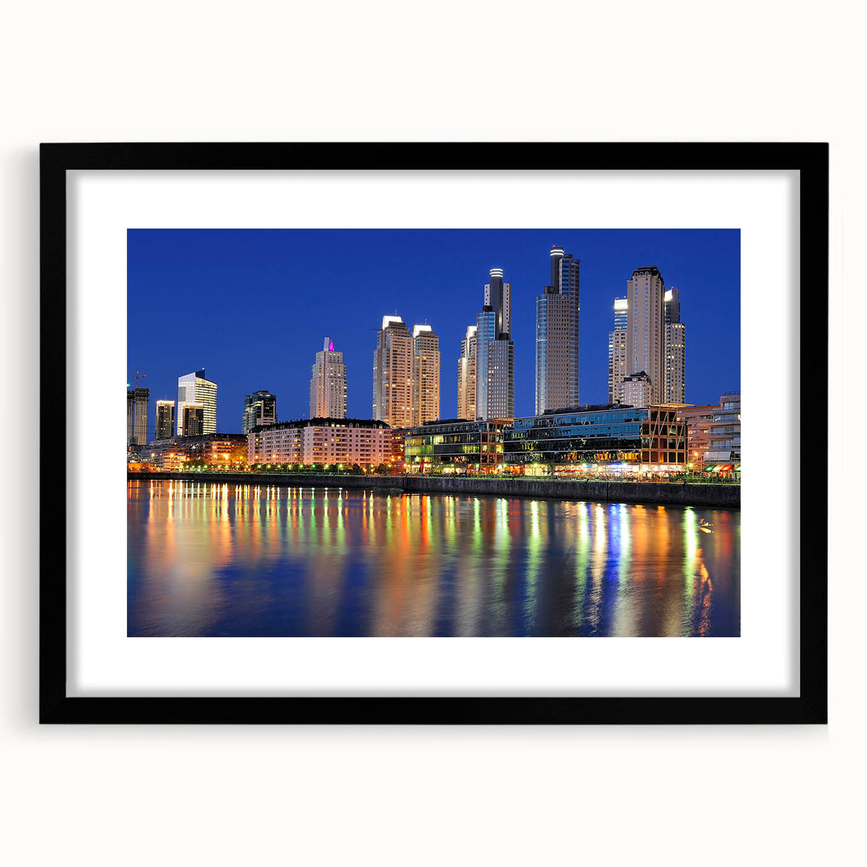 Extra large abstract art print of a colorful Buenos Aires cityscape, textured, in a black frame with mat.