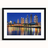 Extra large abstract art print of a colorful Buenos Aires cityscape, textured, in a black frame with mat.