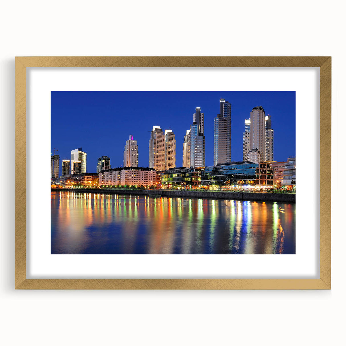 Extra large abstract art print of Buenos Aires skyline in gold frame, featuring textured strokes in earth tones.