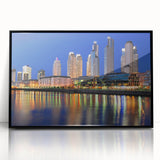 Large abstract wall art featuring a colorful Buenos Aires cityscape on a framed acrylic, ideal for modern living room decor.