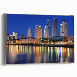 Framed canvas landscape art painting featuring a colorful Buenos Aires cityscape in a vintage poster style.