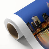 Art deco poster of Buenos Aires skyline in muted pastels on rolled canvas, ideal for nursery wall art.