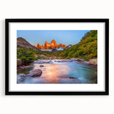 Extra large abstract art print of a vibrant, colorful Argentinean landscape, textured on a black framed canvas.