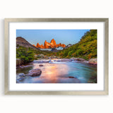 Textured abstract art print of a South American scenery in muted earth tones, framed in silver, ideal for bedroom wall decor.