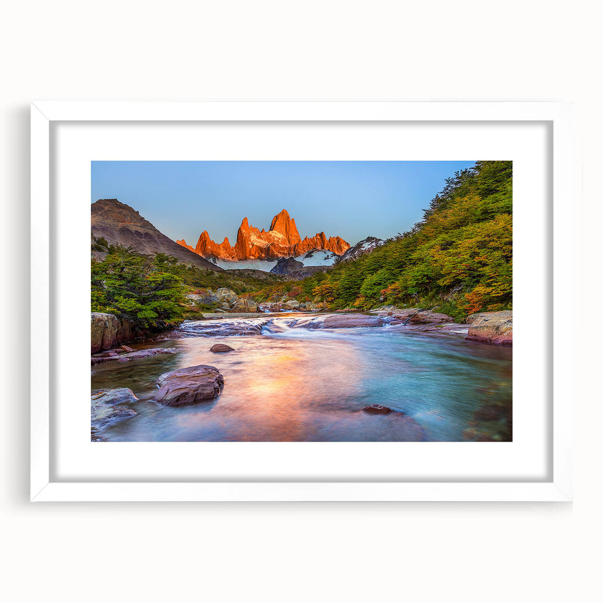 Abstract art print of a South American landscape in muted earth tones, framed with a white mat, ideal for dining room decor.