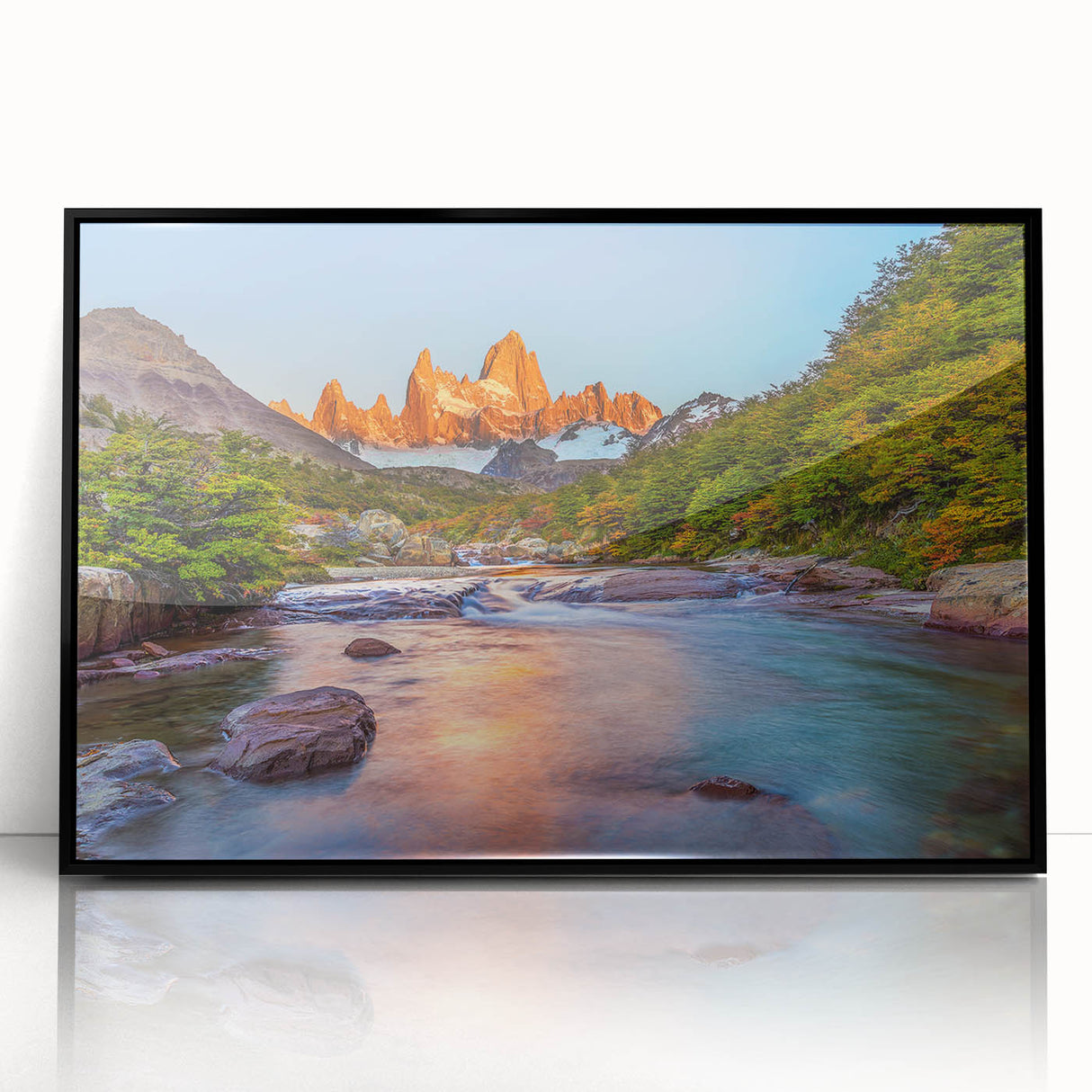 Large abstract wall art depicting a stylized Argentine landscape in muted earth tones, framed in black acrylic.