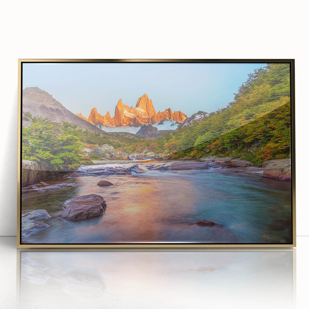 Framed acrylic print of a stylized Argentinian landscape in mid-century modernist style, using muted earth tones.