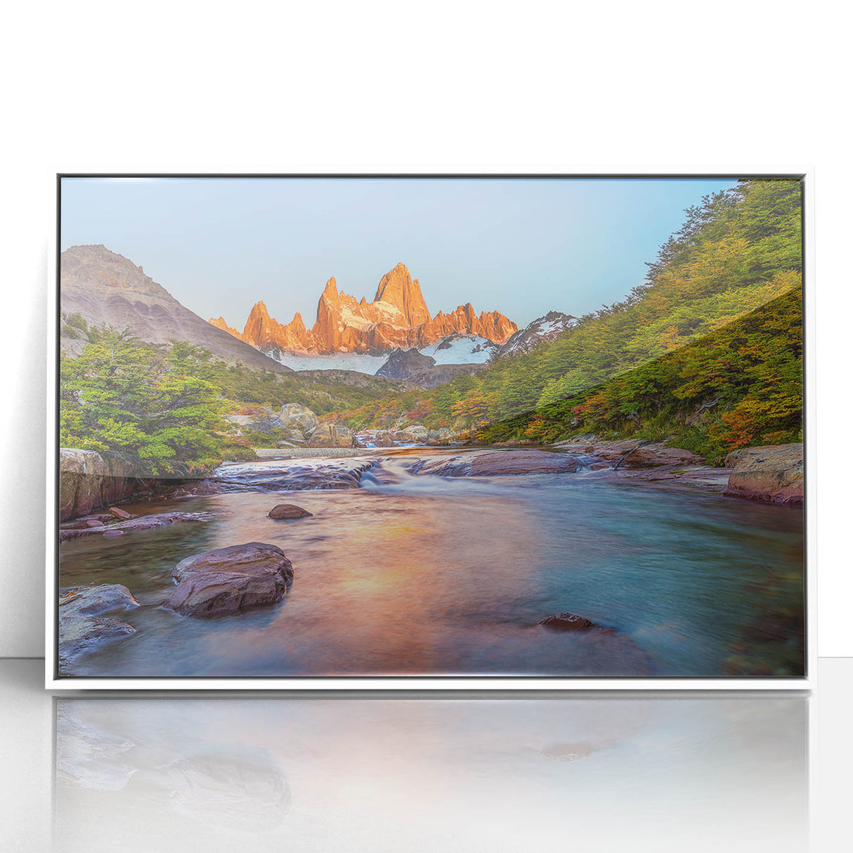 Art deco poster of Argentina scenery in muted blue tones on a framed acrylic, suitable for modern nursery decor.