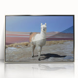 Mid-century modernist art depicting a Bolivian landscape in muted earth tones, framed in silver acrylic.