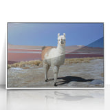 Art Deco poster featuring a stylized South American scenery in muted earth tones, framed acrylic.