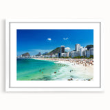 Abstract art print of a Brazilian landscape in muted green and blue tones on a white framed canvas.