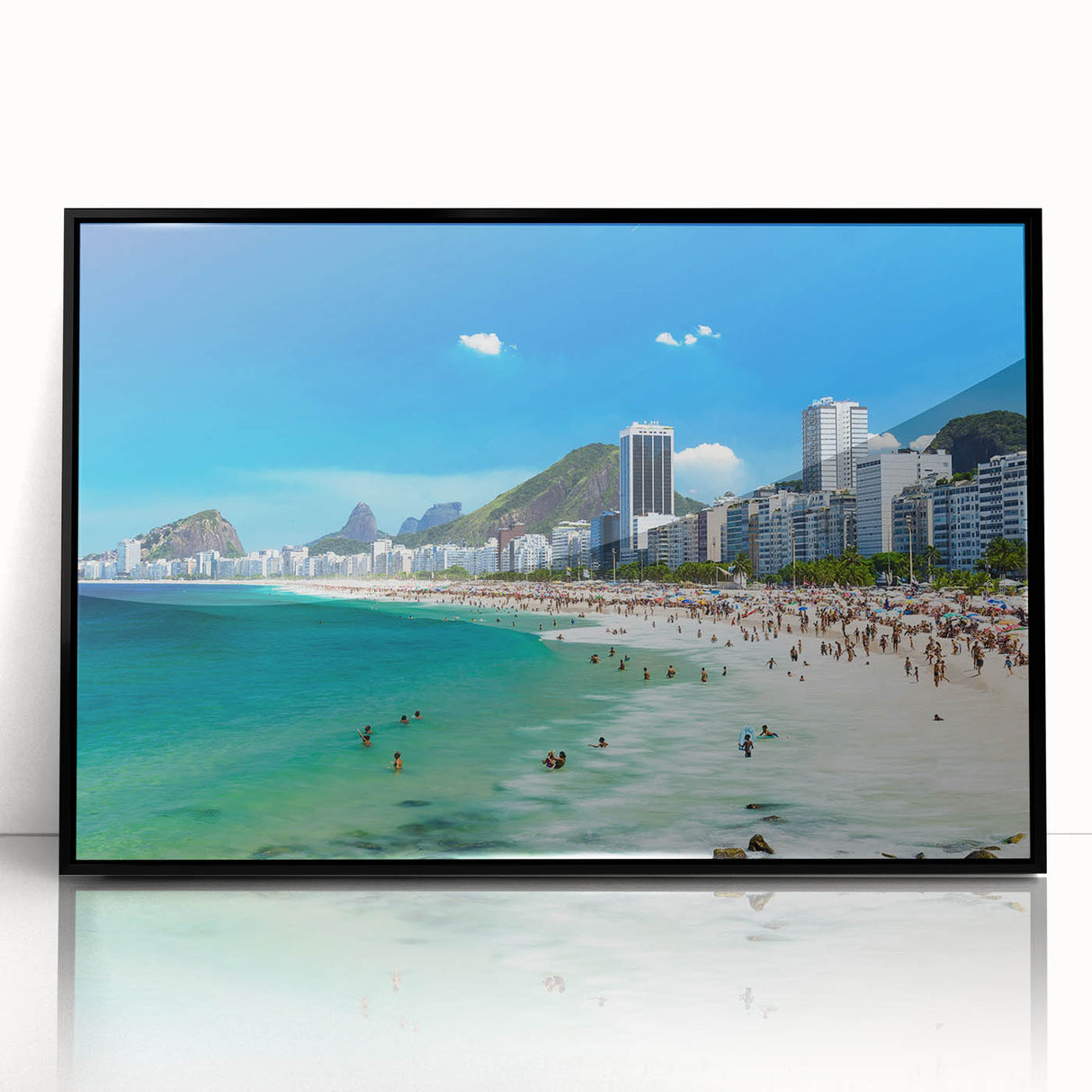 Large abstract wall art depicting a stylized Brazilian landscape in vibrant colors, framed in black acrylic.