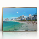 Mid-century modernist acrylic print of a Brazilian landscape, with earthy tones, framed in gold.