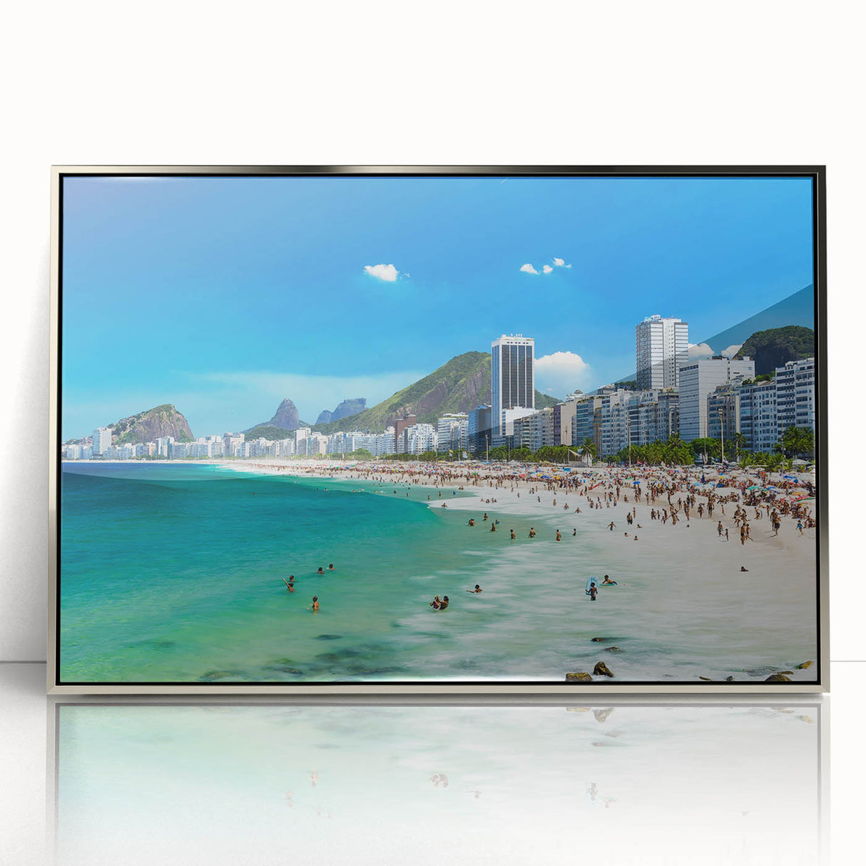 Mid-century modernist art depicting a vibrant Brazilian landscape in acrylic print, framed in silver.