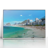 Framed acrylic print of a stylized art deco poster featuring the Rio de Janeiro skyline in pastel shades.