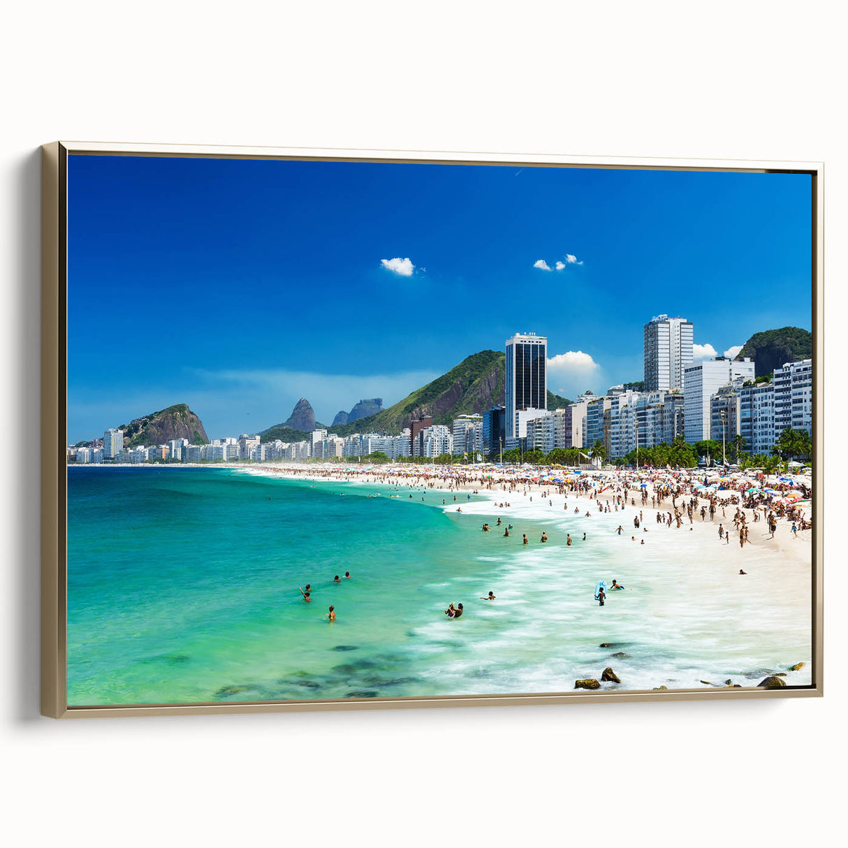 Framed canvas featuring a vintage-style landscape painting of a Brazilian scenery in muted gold and black tones.