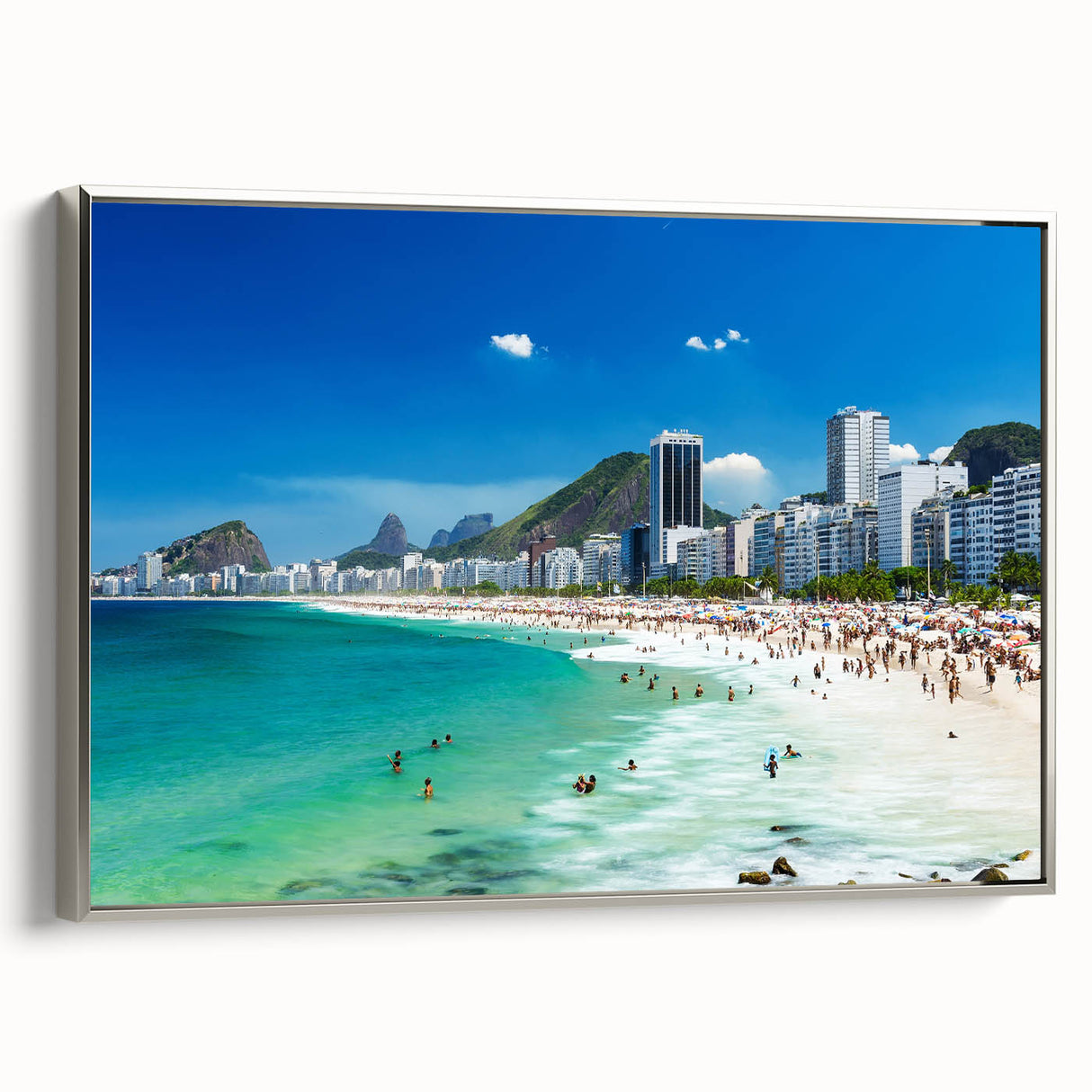 Landscape art painting of a colorful Brazilian scenery on a silver-framed canvas, suitable for living room decor.
