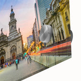 Large abstract wall art of Santiago, Chile skyline in muted earth tones on acrylic glass, suitable for dining room decor.