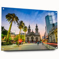 Acrylic print of Santiago skyline in muted earth tones, ideal for dining room decor.