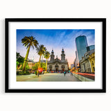 Extra large abstract art print of Santiago skyline in vibrant colors on a textured canvas, ideal for living room decor.