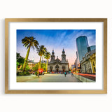 Extra large abstract art print of Santiago skyline in textured gold frame, ideal for living room decor.