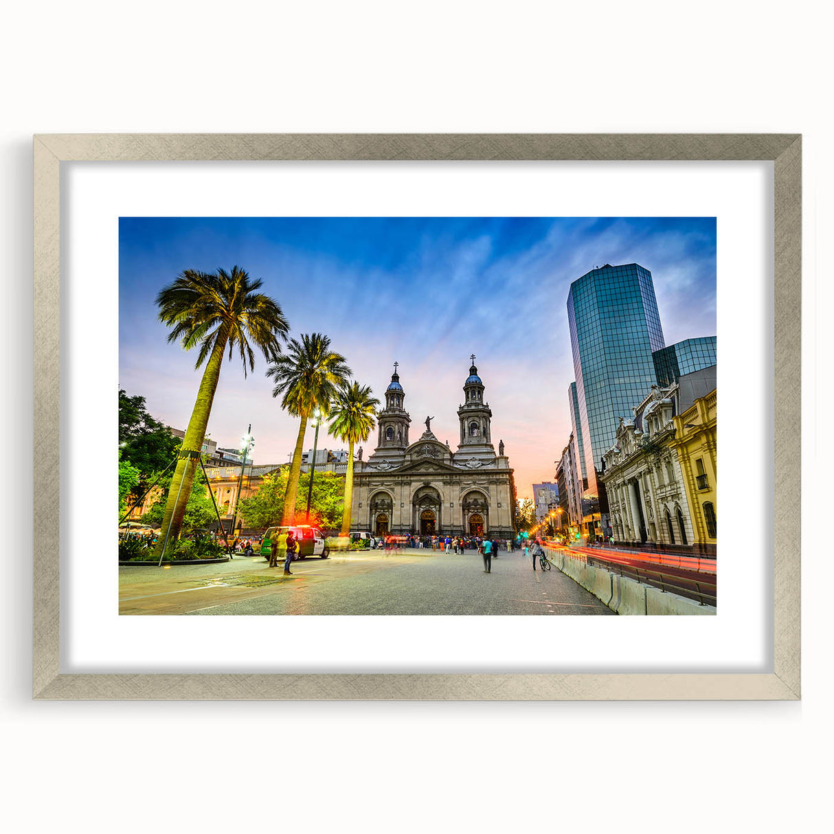 Textured abstract art print of Santiago, Chile in muted earth tones on a framed canvas, suitable for bedroom art.