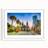 Abstract art print of Santiago skyline in muted earth tones on a framed white mat, ideal for dining room decor.