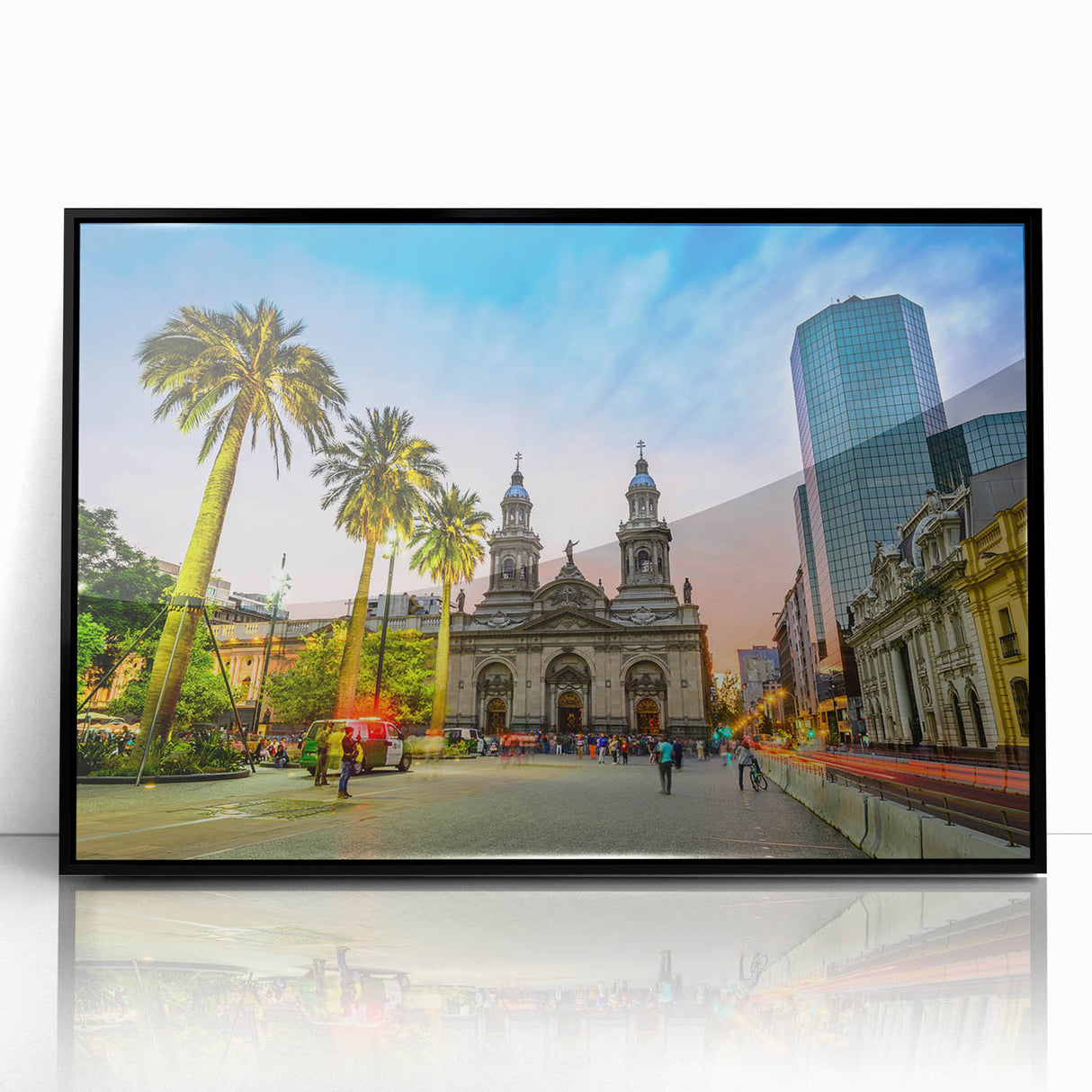 Large abstract wall art depicting Santiago, Chile in muted earth tones on a framed acrylic.