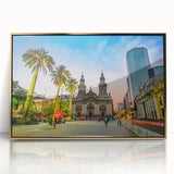 Acrylic print of Santiago, Chile skyline in muted gold tones, framed in gold, suitable for modern art wall decor.
