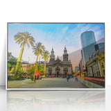 Acrylic print of Santiago skyline with muted blue and white tones in an art deco style, ideal for modern art wall decor.