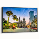 Black and white landscape art painting of Santiago, Chile on framed canvas, ideal for bedroom wall decor.