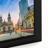 Extra large black wall art featuring a textured, colorful depiction of Santiago's skyline on a framed canvas.