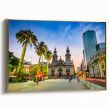 Framed canvas of Santiago, Chile landscape in muted earth tones, ideal for bedroom wall art.