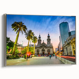 Framed canvas landscape art painting of Santiago, Chile with colorful and black vintage poster art elements.