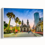 Vintage poster art of Santiago, Chile, on a framed canvas, featuring vibrant colorful details, ideal for living room decor.