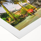 Art deco poster of Santiago skyline in muted gold and blue tones on rolled canvas, suitable for dining room decor.