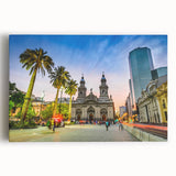 Black and white stretched canvas of Santiago skyline, ideal for kitchen wall art.