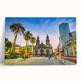 Black and white stretched canvas of Santiago skyline, ideal for kitchen wall art.