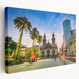 Panoramic view of Santiago, Chile in muted earth tones on a large stretched canvas, ideal for kitchen wall art.