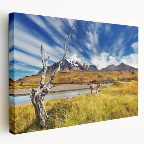 Scenic view of a Chilean landscape in vibrant green and blue tones on a stretched canvas, suitable for kitchen wall art.