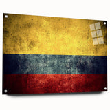 Large abstract wall art of a Colombian landscape in vibrant greens and blues on acrylic glass, ideal for dining room decor.