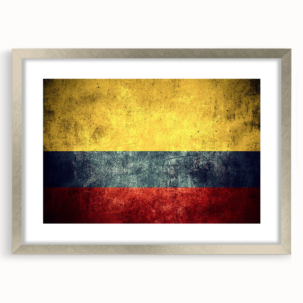 Textured abstract art print of a Colombian landscape in muted earth tones, framed in silver, ideal for bedroom decor.
