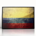 Large abstract wall art depicting a stylized Colombian landscape in muted earth tones on a framed acrylic print.