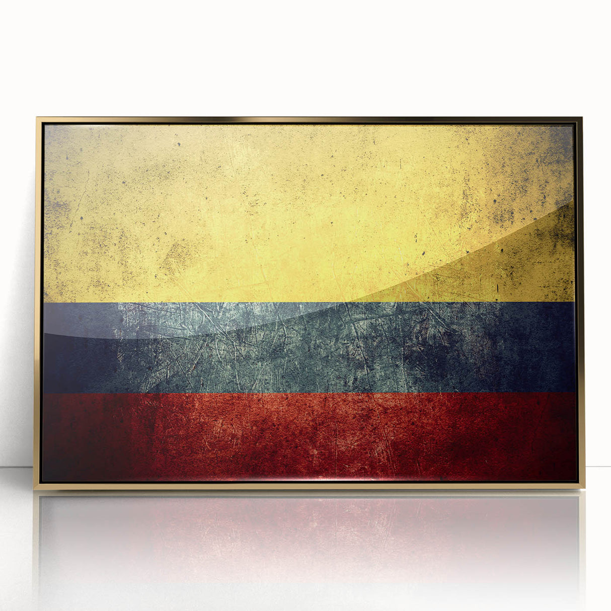 Acrylic print of a mid-century modernist Colombian landscape, featuring muted earth tones, framed in gold.