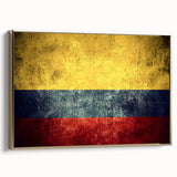 Framed canvas of a vintage-style Colombian landscape with gold accents, ideal for bedroom wall art.