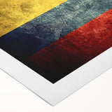 Art deco poster of a vibrant Colombian landscape on rolled canvas, suitable for dining room decor.