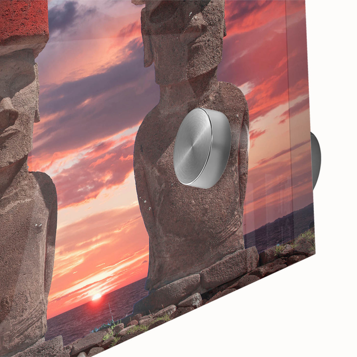 Mid-century modernist art of Easter Island statues in muted earth tones on acrylic glass, ideal for dining room art.