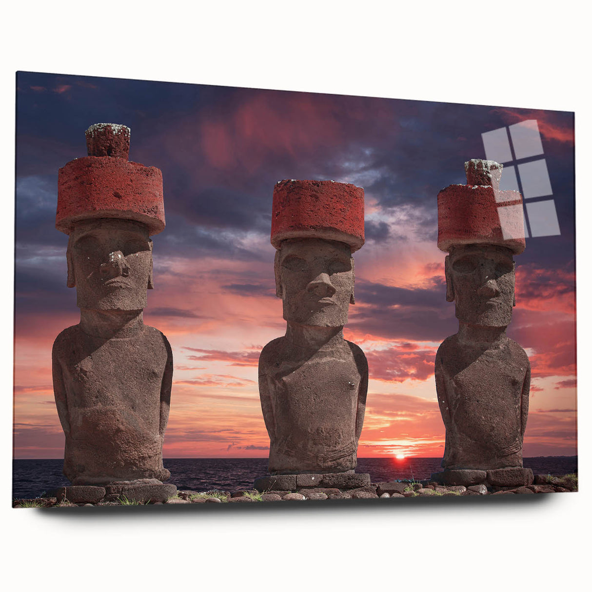 Acrylic print of Easter Island scenery in muted earth tones, suitable for bedroom or dining room art.