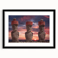 Colorful abstract art print of Easter Island scenery in vibrant hues on a large framed canvas, ideal for living room decor.