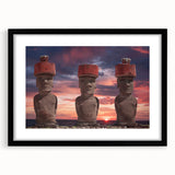 Colorful abstract art print of Easter Island scenery in vibrant hues on a large framed canvas, ideal for living room decor.